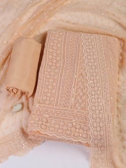 MEENA BAZAAR - Embroidered Peach Georgette Unstitched Kurta with Bottom and Dupatta