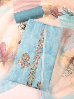 MEENA BAZAAR - Embroidered Blue Chanderi Unstitched Kurta with Bottom and Dupatta