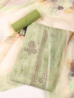 MEENA BAZAAR - Embroidered Green Chanderi Unstitched Kurta with Bottom and Dupatta