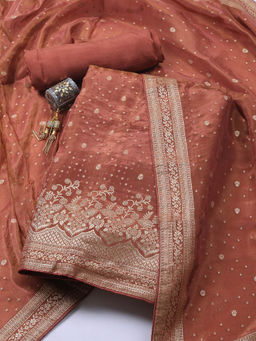 MEENA BAZAAR - Brown Art Silk Unstitched Kurta with Bottom and Dupatta
