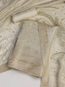 MEENA BAZAAR - White Art Silk Unstitched Kurta with Bottom and Dupatta