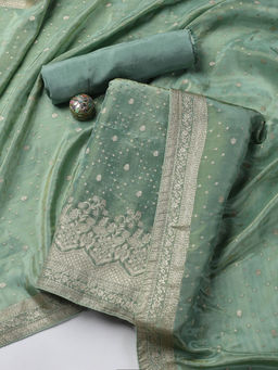 MEENA BAZAAR - Green Art Silk Unstitched Kurta with Bottom and Dupatta