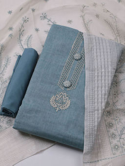 MEENA BAZAAR - Embroidered Blue Cotton Unstitched Kurta with Bottom and Dupatta