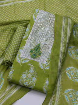 MEENA BAZAAR - Green Cotton Unstitched Kurta with Bottom and Dupatta
