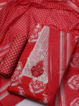 MEENA BAZAAR - Embroidered Red Cotton Unstitched Kurta with Bottom and Dupatta