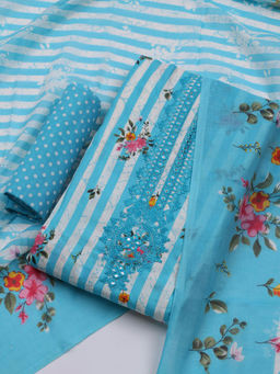 MEENA BAZAAR - Printed Blue Cotton Unstitched Kurta with Bottom and Dupatta