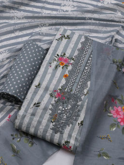 MEENA BAZAAR - Printed Grey Cotton Unstitched Kurta with Bottom and Dupatta