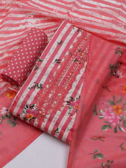 MEENA BAZAAR - Printed Pink Cotton Unstitched Kurta with Bottom and Dupatta