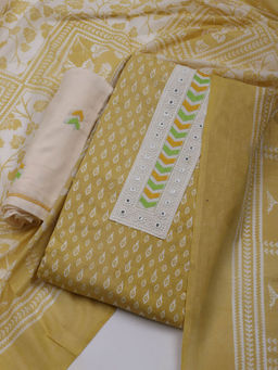 MEENA BAZAAR - Printed Yellow Cotton Unstitched Kurta with Bottom and Dupatta