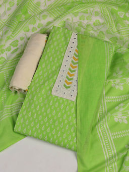 MEENA BAZAAR - Printed Green Cotton Unstitched Kurta with Bottom and Dupatta