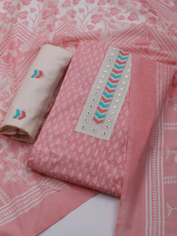 MEENA BAZAAR - Printed Peach Cotton Unstitched Kurta with Bottom and Dupatta