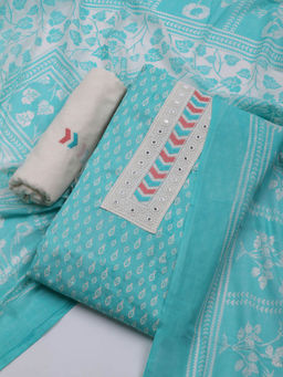 MEENA BAZAAR - Printed Blue Cotton Unstitched Kurta with Bottom and Dupatta