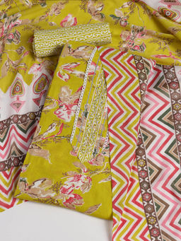 MEENA BAZAAR - Printed Yellow Cotton Unstitched Kurta with Bottom and Dupatta