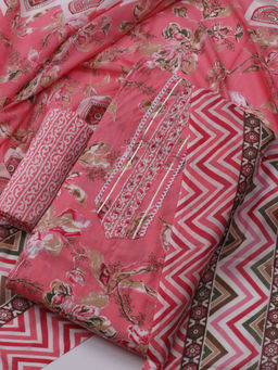 MEENA BAZAAR - Printed Pink Cotton Unstitched Kurta with Bottom and Dupatta