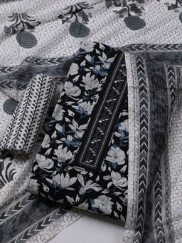 MEENA BAZAAR - Printed Black Cotton Unstitched Kurta with Bottom and Dupatta