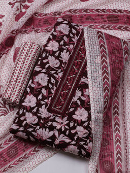 MEENA BAZAAR - Printed Wine Cotton Unstitched Kurta with Bottom and Dupatta