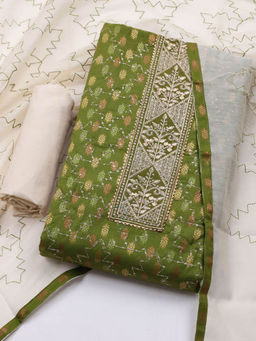 MEENA BAZAAR - Embroidered Green Cotton Unstitched Kurta with Bottom and Dupatta