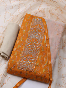 MEENA BAZAAR - Embroidered Orange Cotton Unstitched Kurta with Bottom and Dupatta