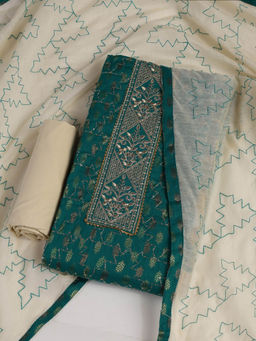 MEENA BAZAAR - Embroidered Green Cotton Unstitched Kurta with Bottom and Dupatta