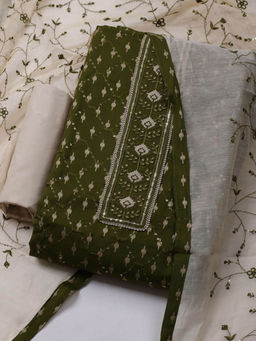 MEENA BAZAAR - Embroidered Green Cotton Unstitched Kurta with Bottom and Dupatta