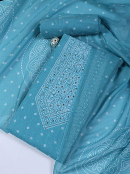MEENA BAZAAR - Embroidered Blue Cotton Unstitched Kurta with Bottom and Dupatta