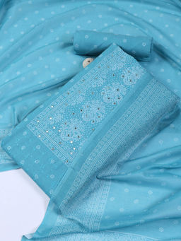 MEENA BAZAAR - Printed Blue Cotton Unstitched Kurta with Bottom and Dupatta