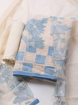 MEENA BAZAAR - Embroidered Blue Chanderi Unstitched Kurta with Bottom and Dupatta