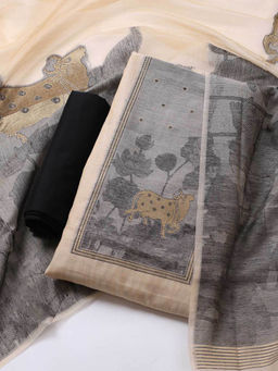 MEENA BAZAAR - Beige Chanderi Unstitched Kurta with Bottom and Dupatta