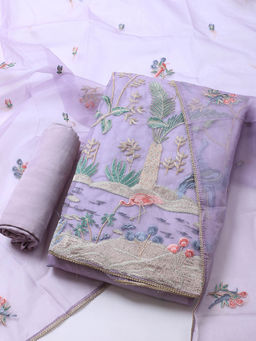 MEENA BAZAAR - Embroidered Lavender Organza Unstitched Kurta with Bottom and Dupatta
