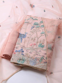 MEENA BAZAAR - Embroidered Peach Organza Unstitched Kurta with Bottom and Dupatta