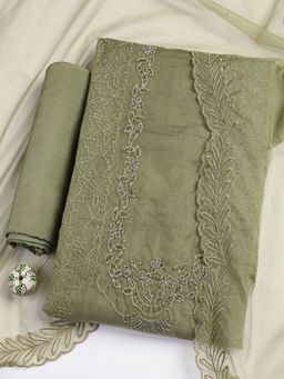 MEENA BAZAAR - Embroidered Green Organza Unstitched Kurta with Bottom and Dupatta