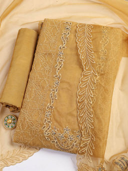 MEENA BAZAAR - Embroidered Yellow Organza Unstitched Kurta with Bottom and Dupatta