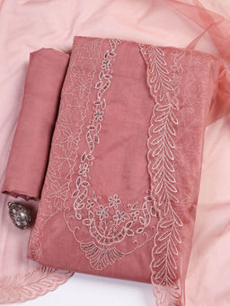 MEENA BAZAAR - Embroidered Pink Organza Unstitched Kurta with Bottom and Dupatta