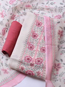 MEENA BAZAAR - Printed Cream Linen Unstitched Kurta with Bottom and Dupatta