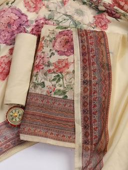 MEENA BAZAAR - Printed Beige Chanderi Unstitched Kurta with Bottom and Dupatta