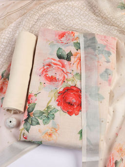 MEENA BAZAAR - Printed Cream Linen Unstitched Kurta with Bottom and Dupatta