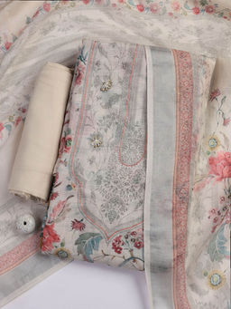MEENA BAZAAR - Printed Cream Linen Unstitched Kurta with Bottom and Dupatta