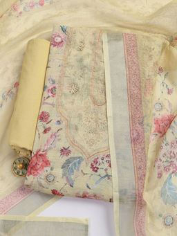 MEENA BAZAAR - Printed Yellow Linen Unstitched Kurta with Bottom and Dupatta