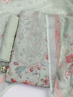 MEENA BAZAAR - Printed Green Linen Unstitched Kurta with Bottom and Dupatta