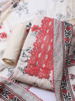 MEENA BAZAAR - Printed Cream Cotton Unstitched Kurta with Bottom and Dupatta