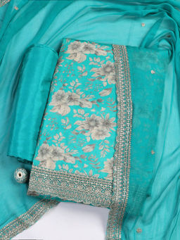 MEENA BAZAAR - Printed Blue Muslin Unstitched Kurta with Bottom and Dupatta