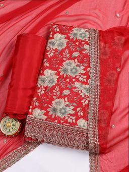 MEENA BAZAAR - Printed Red Muslin Unstitched Kurta with Bottom and Dupatta