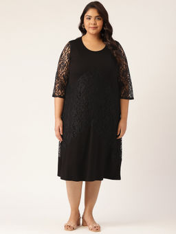 theRebelinme - Plus Size Womens Black Lace Solid Colour A-line Midi Dress