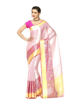 Banarasi Silk Works - Pink Zari Kanchi Silk Tanchoi Meena Saree with Unstitched Blouse