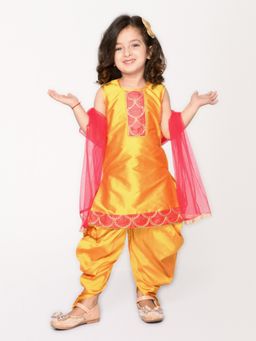 SAKA DESIGNS - Girl Mustard and Red Embroidered Kurta with Dhoti and Dupatta (Set of 3)