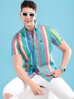 The Indian Garage Co - Men's Slim Fit Striped Half Sleeves Spread Collar Casual Shirt