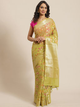 Indethnic - Banarasi Lime Green Woven Design Daily Wear Saree With Unstitched Blouse