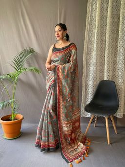 EXCLUSIVA - Green Kalamkari Print Cotton Saree with Unstitched Blouse