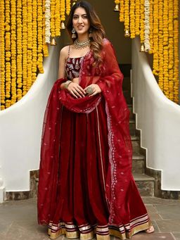Lavanya The Label - Maroon Velvet Lehenga (Set of 3)