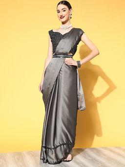 Akhilam - Women's Georgette Grey Embellished Belted Sarees with Unstitched Blouse